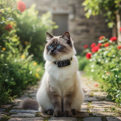 Chat ragdoll avec traceur GPS au collier en jardin fleuri