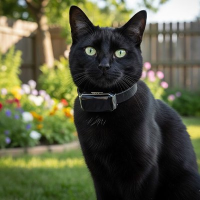 Chat noir avec traceur GPS au collier dans un jardin