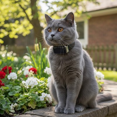 Chat gris Chartreux avec traceur GPS au collier en extérieur