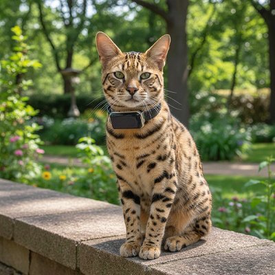 Chat Bengal avec traceur GPS au collier dans un parc