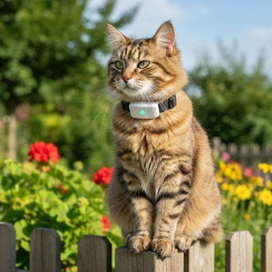 Chat avec traceur GPS dans le jardin