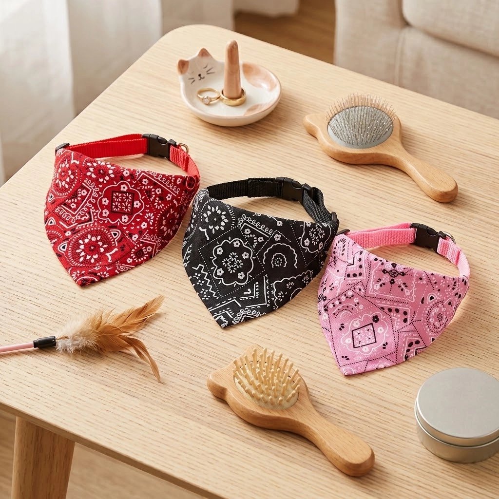 Trois bandanas pour chat rouge, noir et rose à motifs cachemire avec collier à clip, posés sur une table en bois