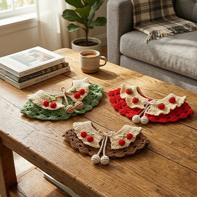  Trois colliers  pour chat avec cerises rouges, coloris vert, rouge et marron