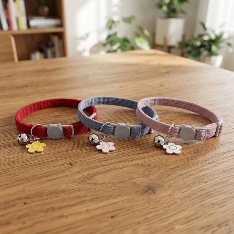 Trois colliers pour chat en velours côtelé rouge, bleu gris et rose, avec clochette et breloque fleur, sur une table en bois