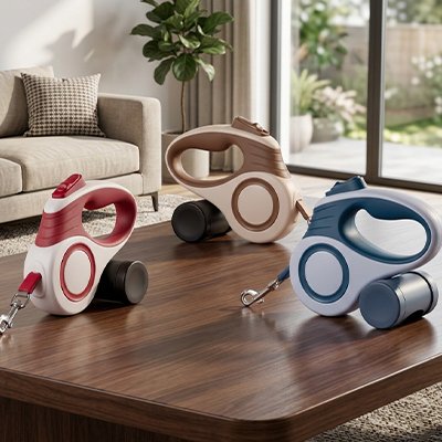 trois laisses rétractables pour chat en rouge, beige et bleu posées sur une table basse dans un salon moderne avec plante verte