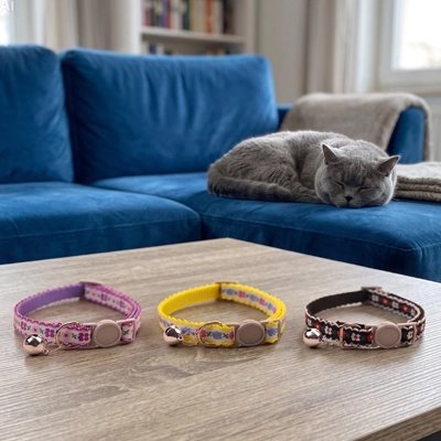 Trois modèles de colliers pour chat colorés avec grelot, posés sur une table près d'un chat British Shorthair"