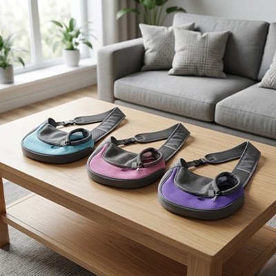 Trois sacs de transport pour chat bandoulière bleu rose et violet posés sur une table