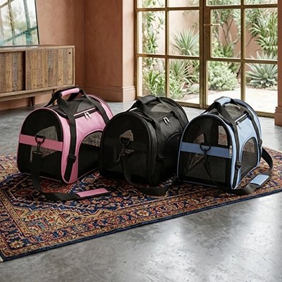 Trois sacs de transport pour chat rose noir et bleu posés sur un tapis dans un salon