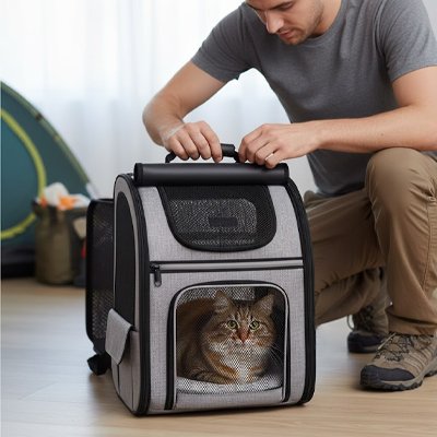 Un homme assemblant le sac de transport gris à l'intérieur avec un chat
