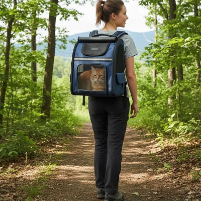 Une femme portant le sac de transport bleu en randonnée avec un chat