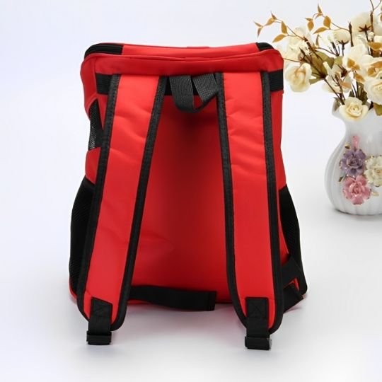 Vue de dos du sac de transport chat rouge avec bretelles réglables noires